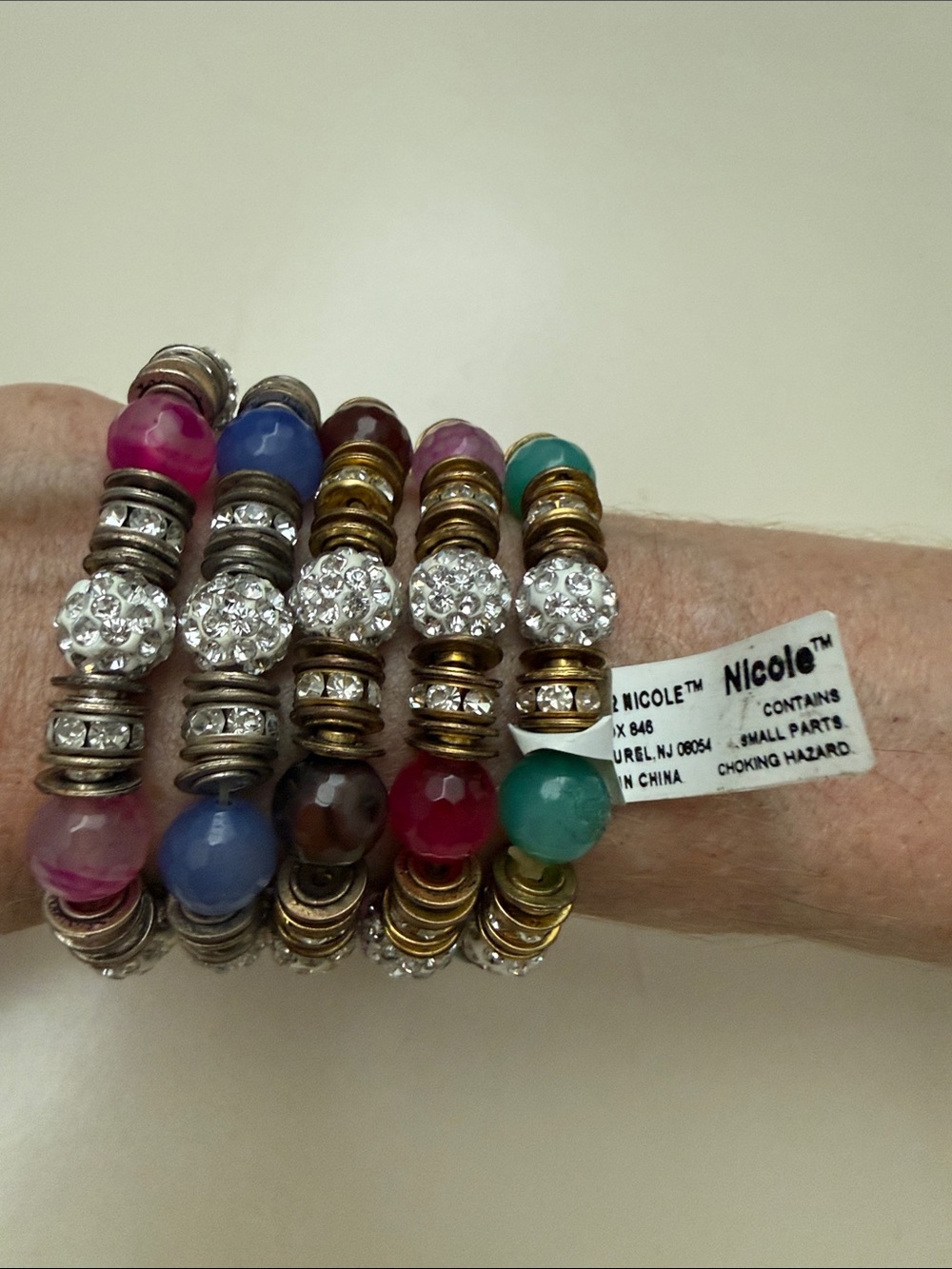 Nicole Faceted Bead and Crystal Stretch Bracelet Set in Blue, Pink, Brown, Green
